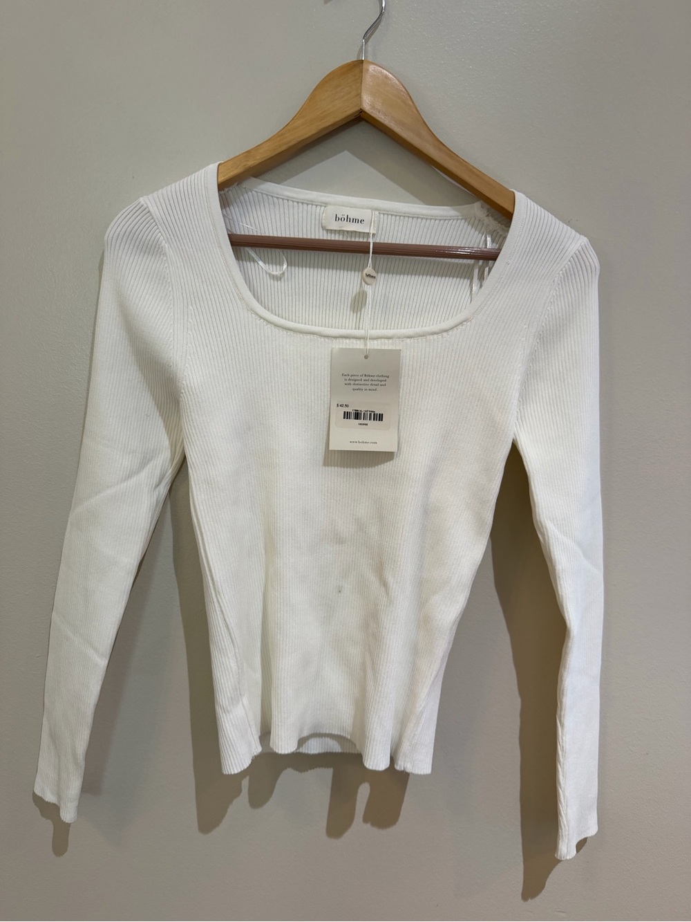 NWT Bohme  White Ribbed Square Neck Long Sleeve Tee w/stretch Size XL